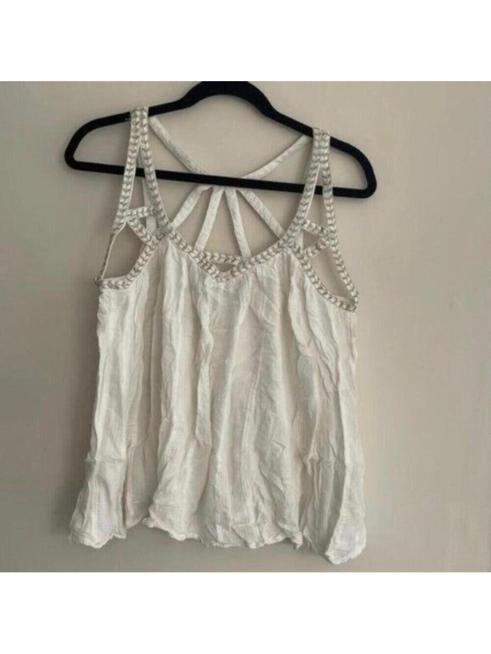 Anthropologie Vanessa Virginia White Cage Neck Strappy Gauze Knit Blouse boho